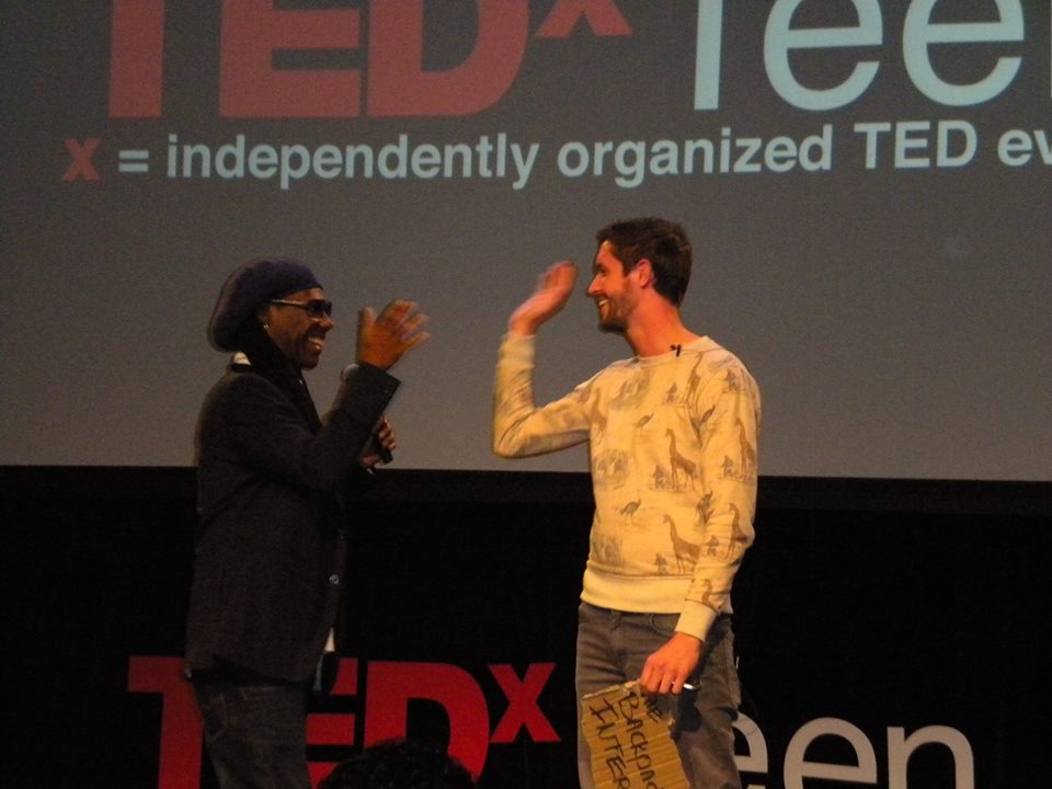 Nile Rodgers high fiving Mark van der Heijden - The Backpacker Intern - at TEDxTeen NYC